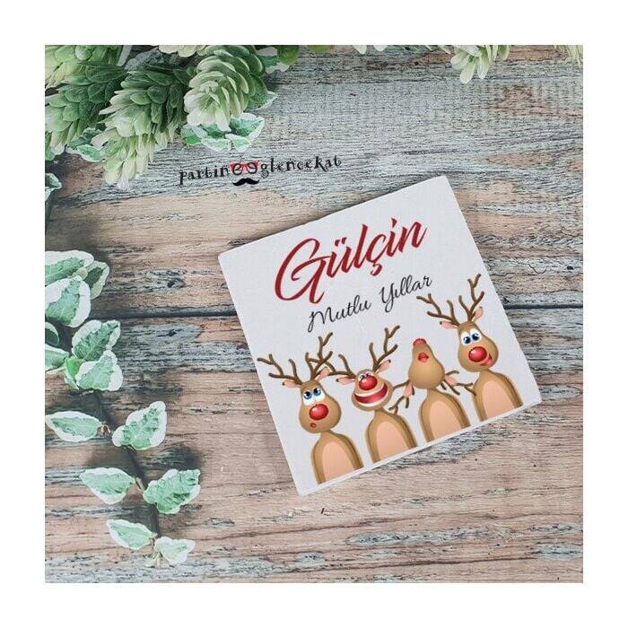 İsme Özel Yılbaşı Geyikleri Bardak Altlığı - 1