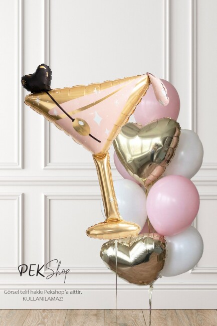 Kadeh Balonlu Gold Pembe Yetişkin Doğum Günü Balon Seti Set242 - 1