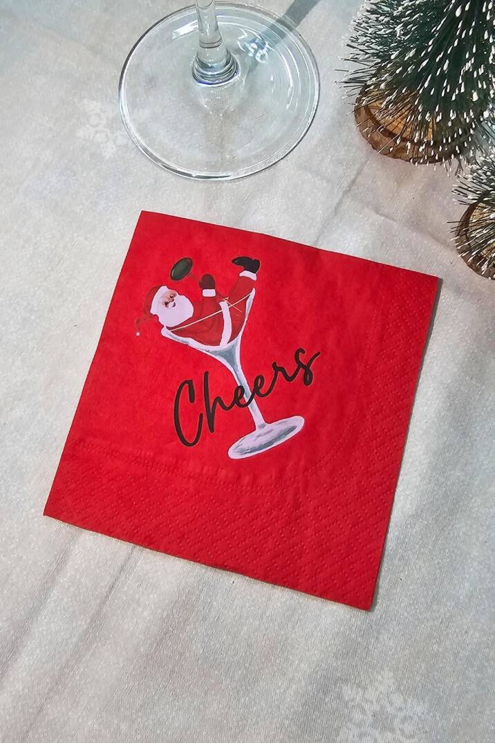 Kadehte Noel Baba Cheers Baskılı Yılbaşı Peçete Kare Kokteyl Peçetesi - Kırmızı Kare Peçete 12li Paket - 2