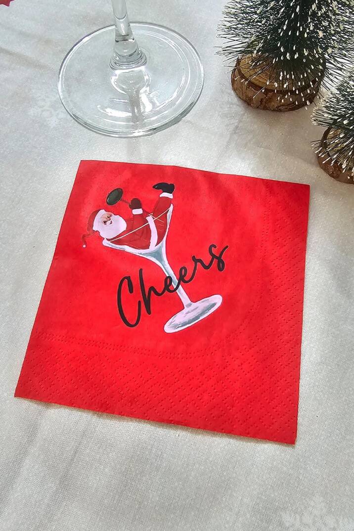 Kadehte Noel Baba Cheers Baskılı Yılbaşı Peçete Kare Kokteyl Peçetesi - Kırmızı Kare Peçete 12li Paket - 3