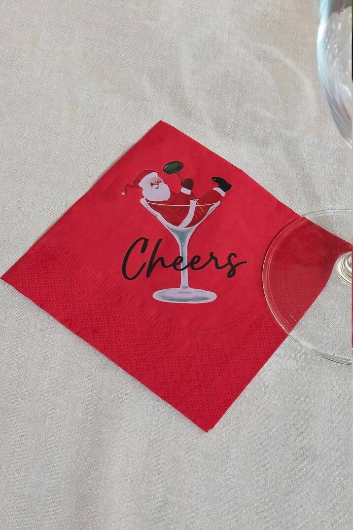 Kadehte Noel Baba Cheers Baskılı Yılbaşı Peçete Kare Kokteyl Peçetesi - Kırmızı Kare Peçete 12li Paket - 5
