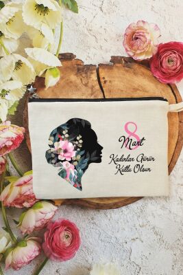 Kadın Silüet Tasarım Baskılı 8 Mart Kadınlar Günü Hediyesi Astarlı Makyaj Çantası Clutch Çanta