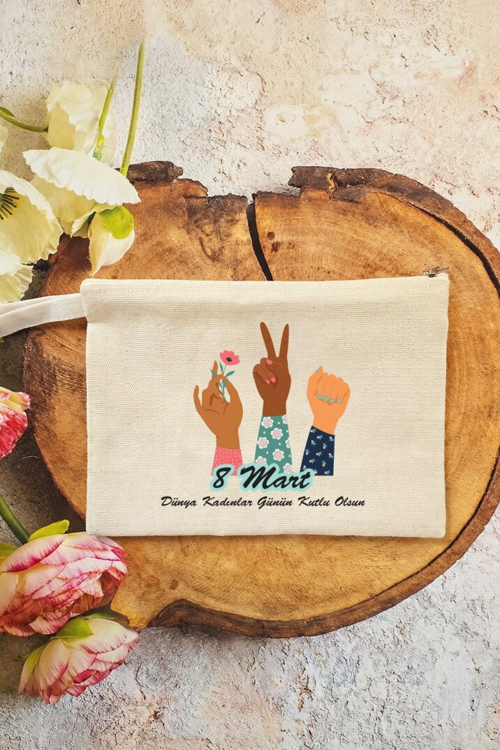 Kadınlar Günü Hediyesi Girl Power Baskılı Makyaj Çantası Clutch 15x21cm - 1