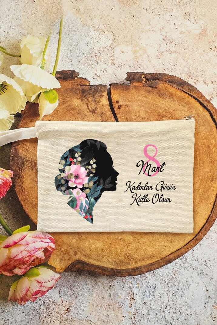 Kadınlar Günü Hediyesi Kadın Silüet Baskılı Makyaj Çantası Clutch 15x21cm - 1