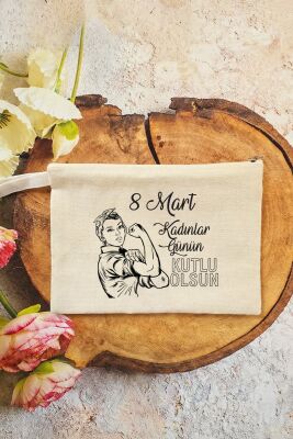 Kadınlar Günü Hediyesi Kadının Gücü Baskılı Makyaj Çantası Clutch 15x21cm