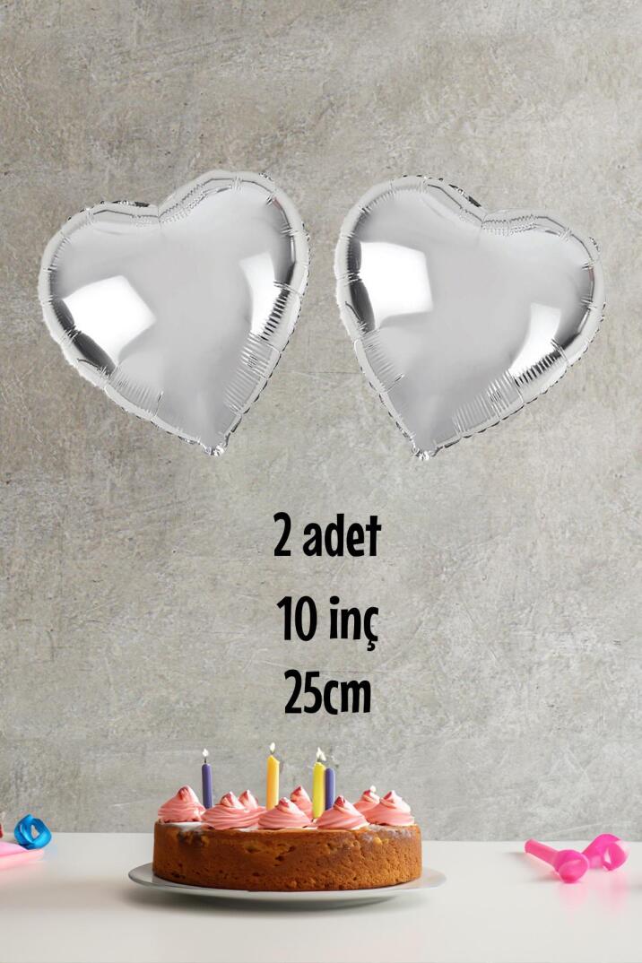 Kalp Şekilli Gümüş Folyo Balon 10 inc 25 cm 2 Adet - 1