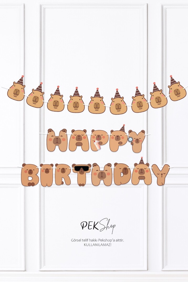 Kapibara 2li Banner Seti Kafalar ve Happy Birthday Banner Capybara Tema Parti Süsleri İpe Dizili Duvar Süsü - 1