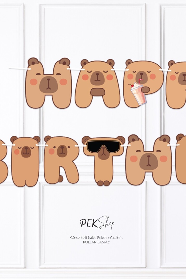 Kapibara 2li Banner Seti Kafalar ve Happy Birthday Banner Capybara Tema Parti Süsleri İpe Dizili Duvar Süsü - 6