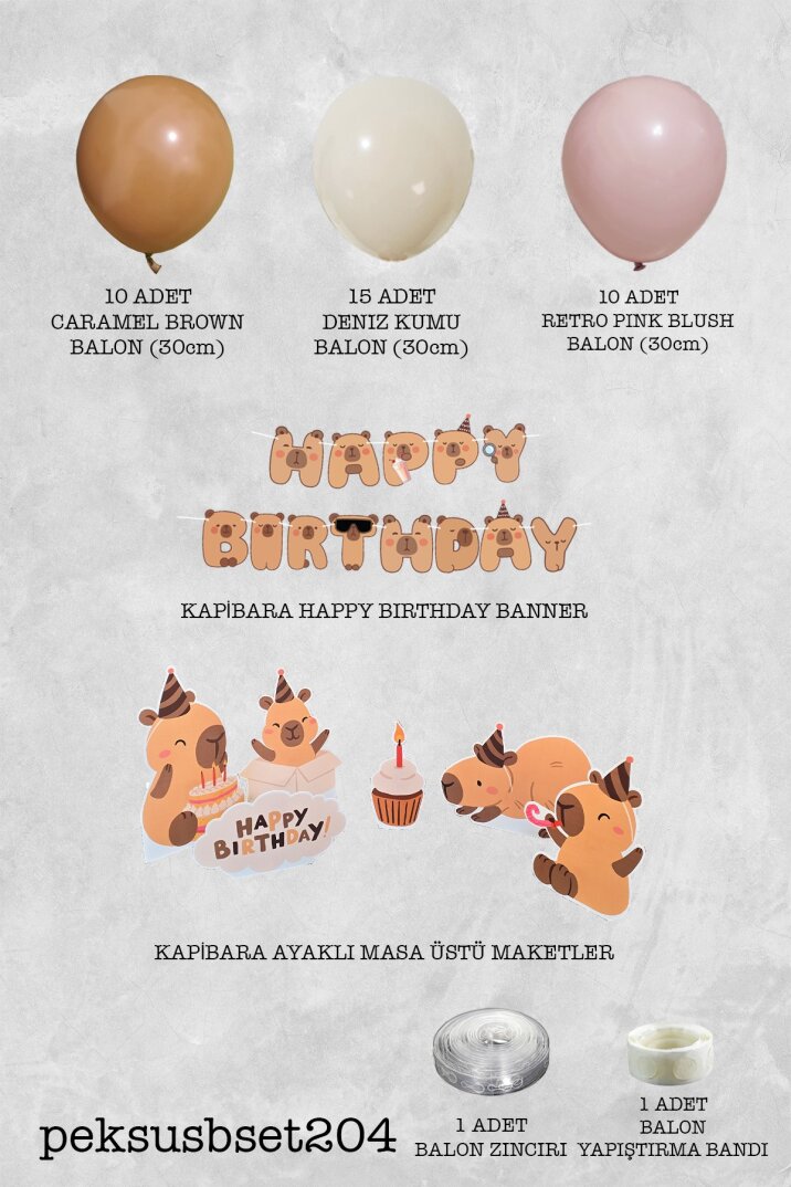 Kapibara Doğum Günü Süsleme Seti Balon Zinciri Banner ve Masa Üstü Panolu Set 204 - 2
