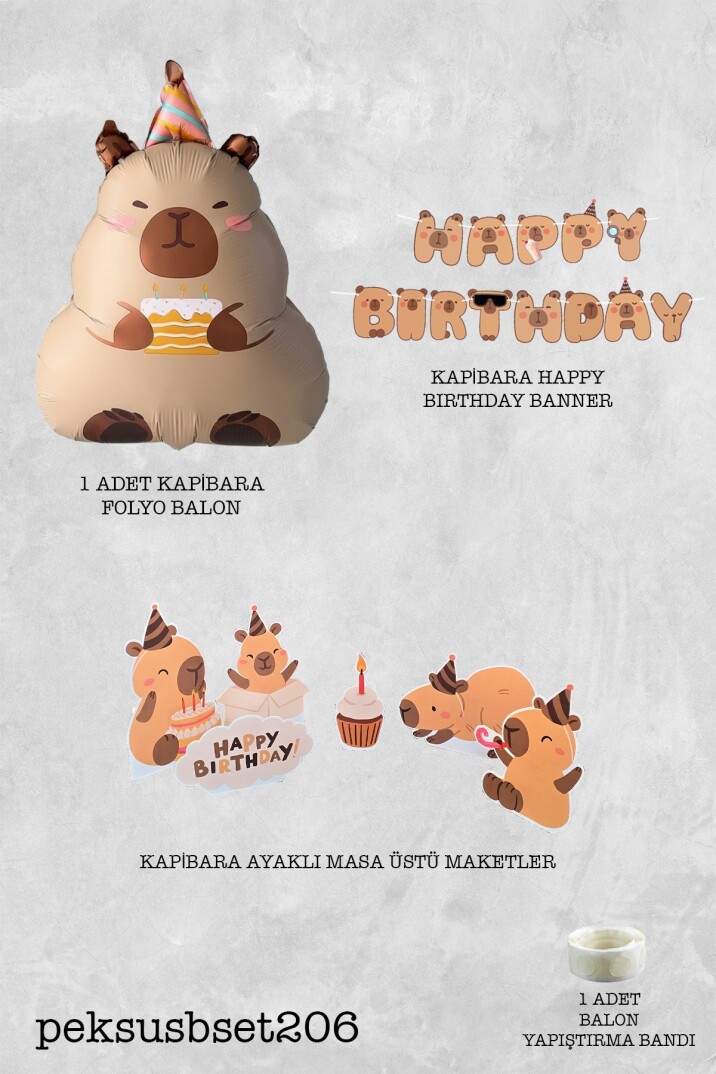 Kapibara Konsept Doğum Günü Seti Capybara Balon Zinciri Banner ve Masa Üstü Panolu Set 206 - 2