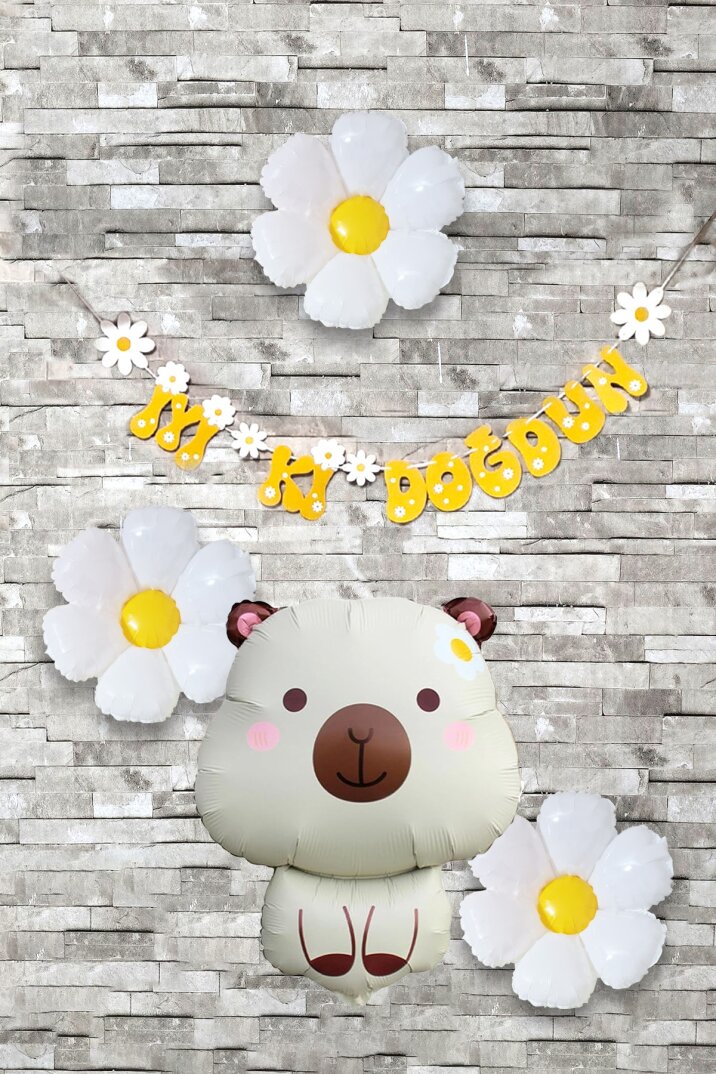 Kapibara Konsept Papatyalı Doğum Günü Balon Seti Banner ve Papatya Balonlu Capybara Balon Seti - 1