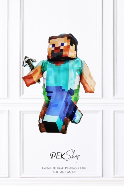 Kazmalı Steve Folyo Balon Minecraft Tema Balon Büyük Steve Balon