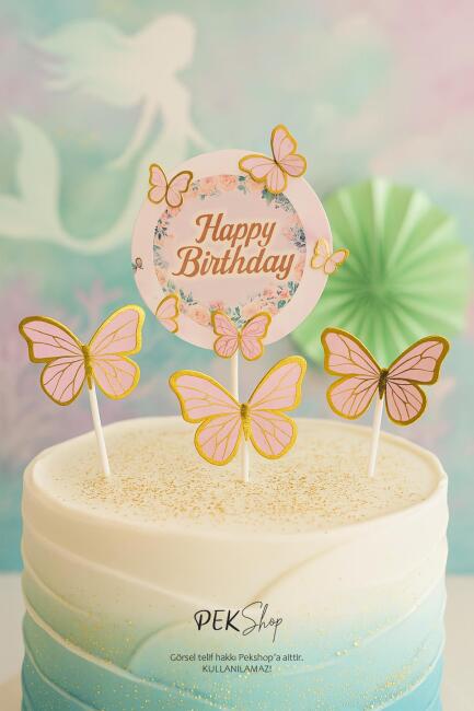 Kelebek Pasta Süsleri Pasta Dekoru Happy Birthday Yazılı Kelebek Pasta Süsleme Seti - 1