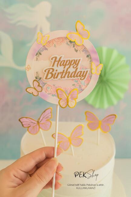 Kelebek Pasta Süsleri Pasta Dekoru Happy Birthday Yazılı Kelebek Pasta Süsleme Seti - 2