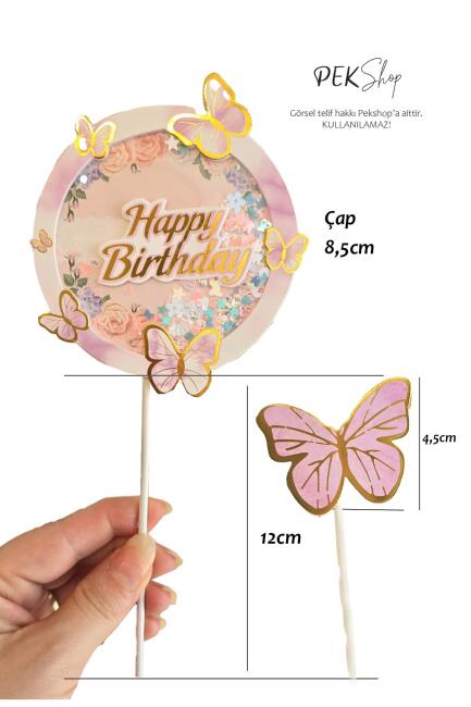 Kelebek Pasta Süsleri Pasta Dekoru Happy Birthday Yazılı Kelebek Pasta Süsleme Seti - 3