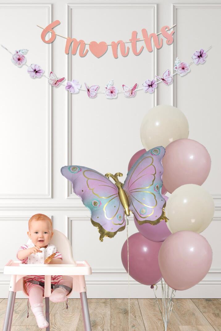 Kelebek Tema 6 Aylık Yarım Yaş Partisi Balon Zinciri Seti 6 Months Bannerlı - 1