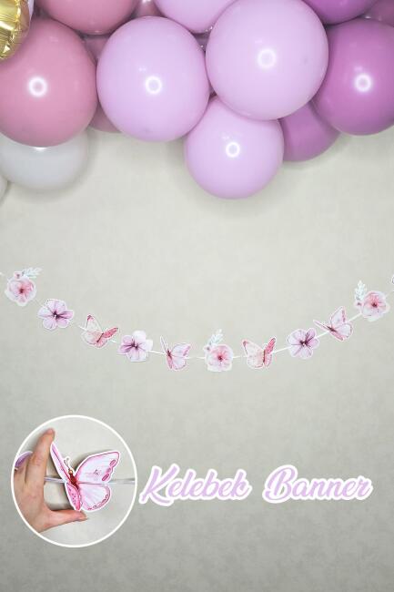Kelebekler Banner Çiçekli Kelebekler Retro Pastel Renkler Banner Süs - 1