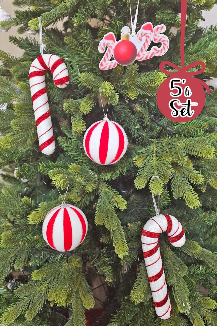 Kırmızı Beyaz Baston Şeker, 2026 Yazılı Candy Cane Süs ve Top Yılbaşı Ağaç Süsleri Seti 5li Paket - 1