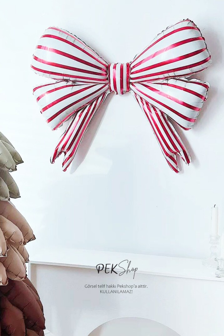 Kırmızı Beyaz Çizgili Büyük Fiyonk Folyo Balon Fiyonk Kurdele Şekilli Balon - 3