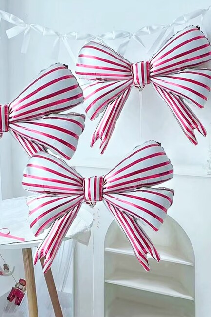 Kırmızı Beyaz Çizgili Büyük Fiyonk Folyo Balon Fiyonk Kurdele Şekilli Balon - 4