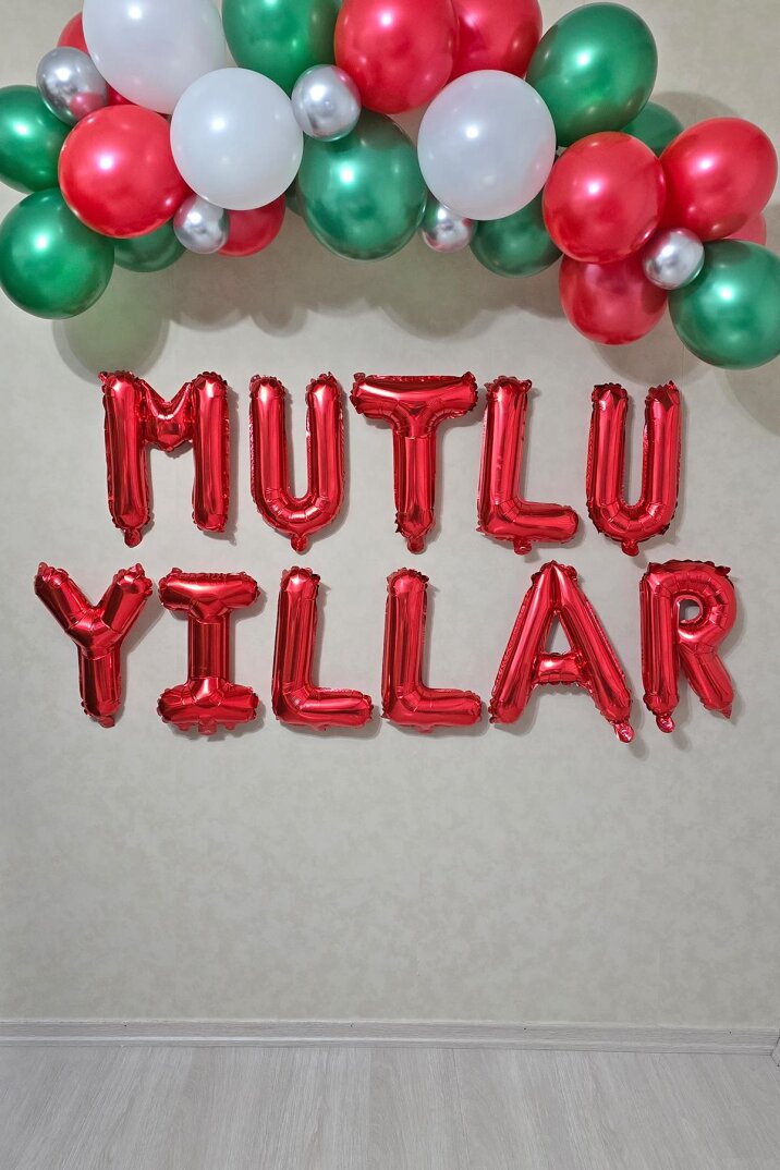 Kırmızı Mutlu Yıllar Yazılı Balon Seti 16inç 40cm Yılbaşı Balon Seti - 1