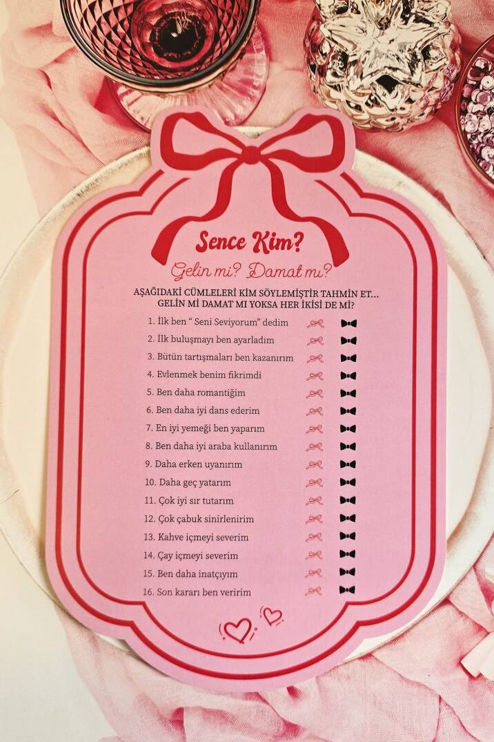Kırmızı Pembe Fiyonk Konsept Gelin mi Damat mı? Oyun Kartı - 1