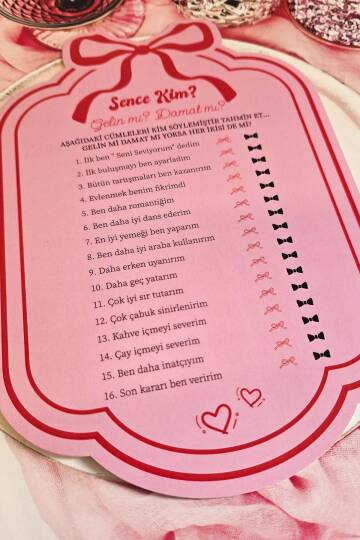 Kırmızı Pembe Fiyonk Konsept Gelin mi Damat mı? Oyun Kartı - 2