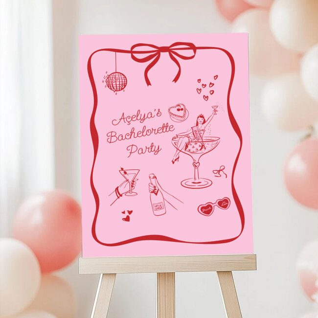 Kırmızı Pembe Kız Görselli Konsept Bekarlığa Veda Panosu 