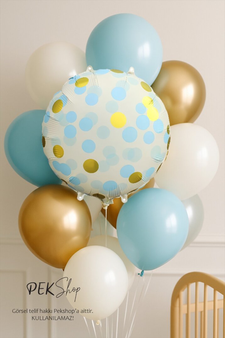 Konfeti Baskılı Yuvarlak Folyo Balon MAVİ 18inç - 3