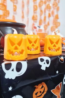 Korkunç Balkabağı Işık Halloween Işıklı Süsler Cadılar Bayramı Masa Üstü Işıklı Süsler 3lü Set - 3