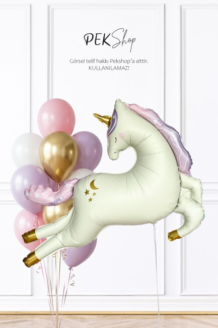 Krem Büyük Unicorn ve Pembe Gold Balonlar Balon Seti Set255 - 1
