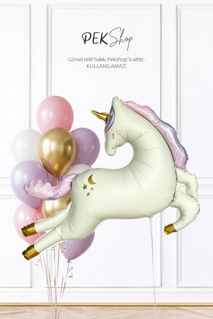 Krem Büyük Unicorn ve Pembe Gold Balonlar Balon Seti Set255 - 1