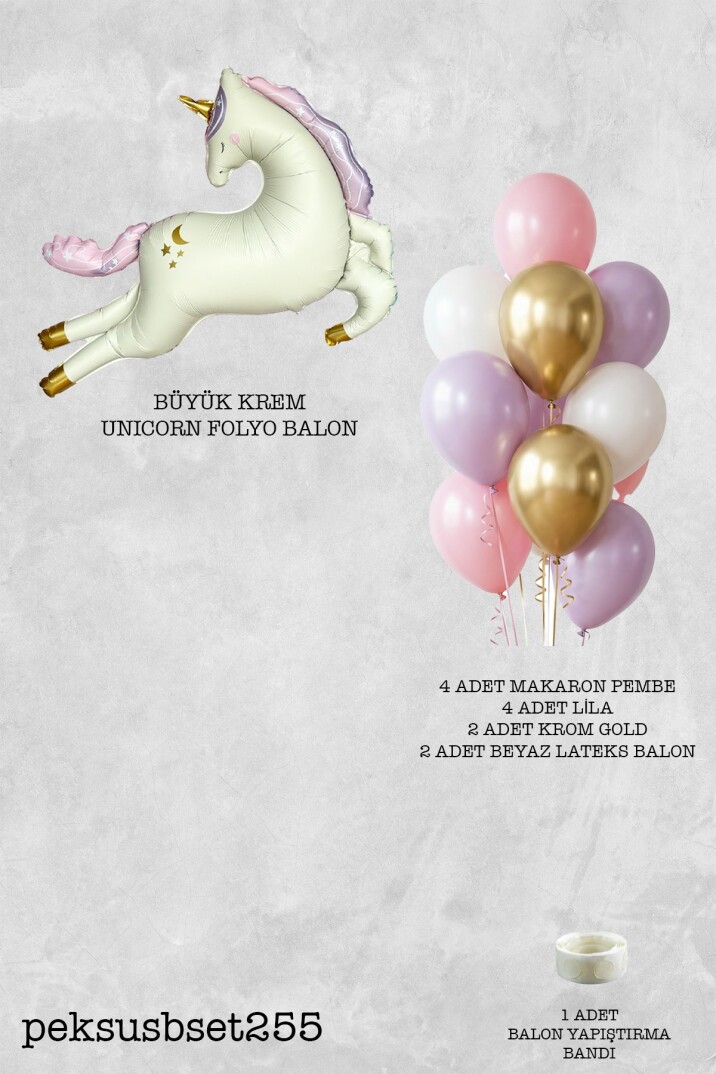 Krem Büyük Unicorn ve Pembe Gold Balonlar Balon Seti Set255 - 2
