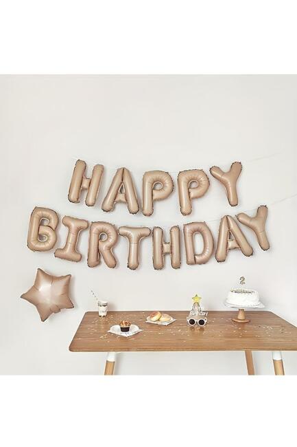 Krem Karamel Happy Birthday Harf Balonlar Retro Doğum Günü Balon Seti - 2