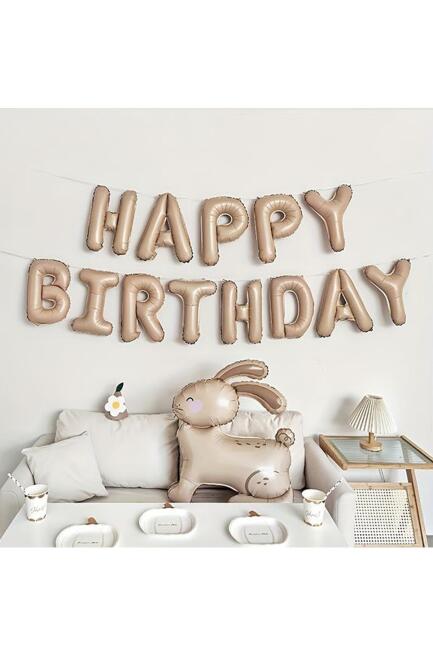 Krem Karamel Happy Birthday Harf Balonlar Retro Doğum Günü Balon Seti - 3