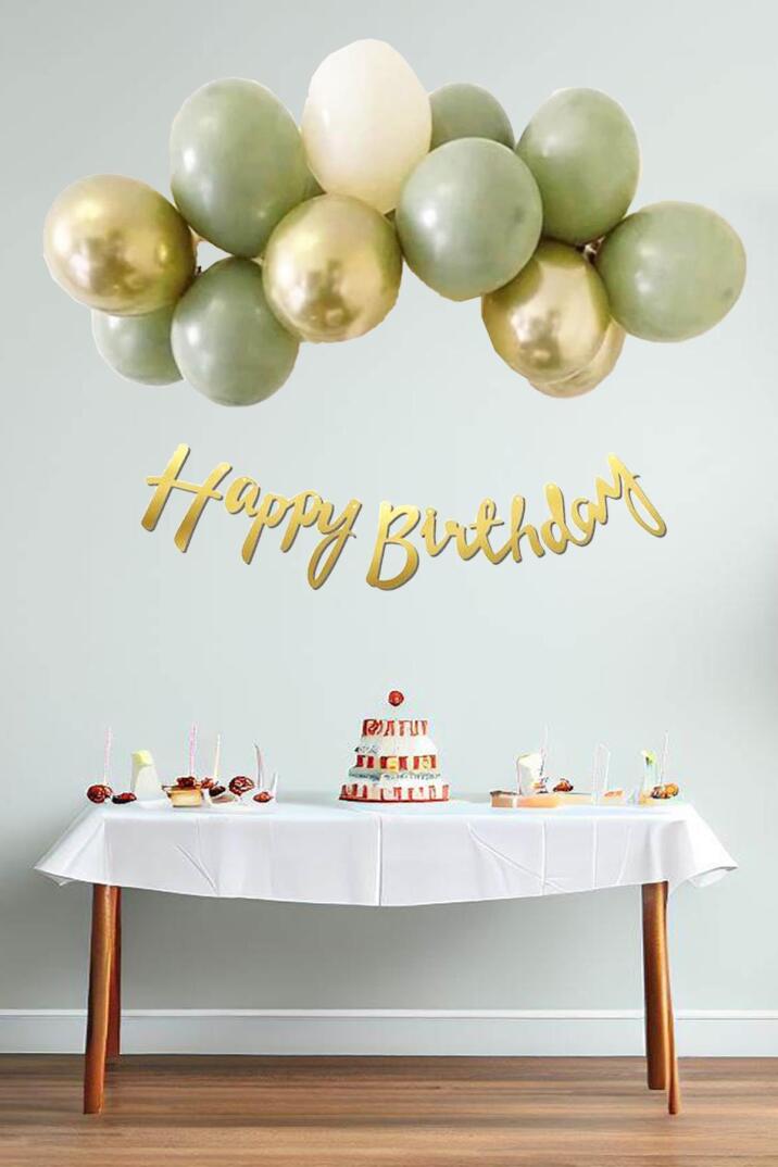 Küf Yeşili Deniz Kumu Krom Gold Konsept Renkler Doğum Günü Balon Zinciri Happy Birthday Bannerlı Mini Balon Zinciri Seti - 1