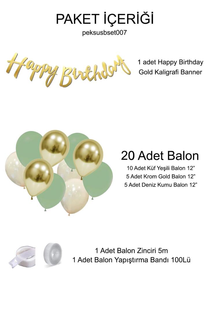 Küf Yeşili Deniz Kumu Krom Gold Konsept Renkler Doğum Günü Balon Zinciri Happy Birthday Bannerlı Mini Balon Zinciri Seti - 2
