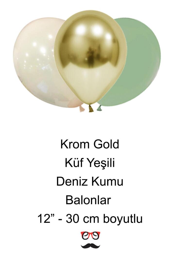 Küf Yeşili Deniz Kumu Krom Gold Konsept Renkler Doğum Günü Balon Zinciri Happy Birthday Bannerlı Mini Balon Zinciri Seti - 5