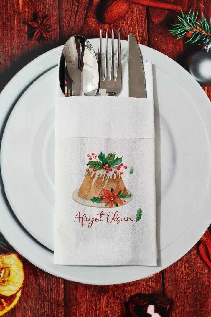 Kumaş Dokulu Afiyet Olsun Yazılı Yılbaşı Pudingi - Yeni Yıl Sunum Peçetesi - 1