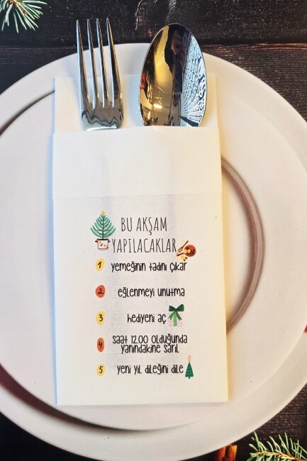 Kumaş Dokulu Beyaz Yılbaşında Yapılacaklar Baskılı Cepli Yılbaşı Peçetesi 6lı Paket - 2