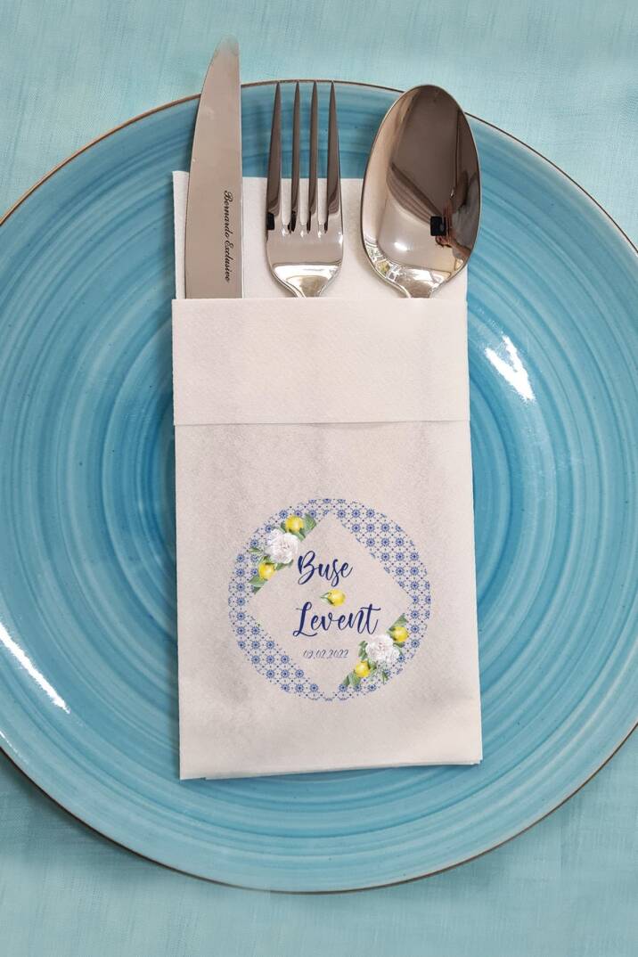 Kumaş Dokulu Cepli Bleu Blanch - Limon Konsept İsme Özel Baskılı Peçete - 1