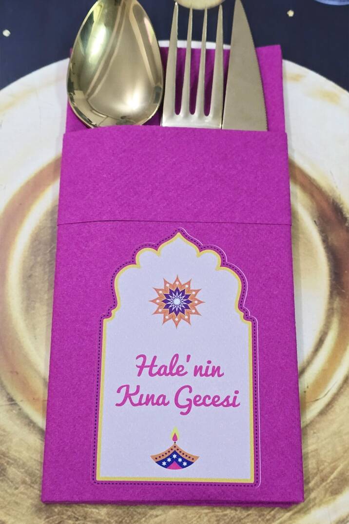 Kumaş Dokulu Cepli Fuşya Peçete Etnik Desen Kına Konsept - 1