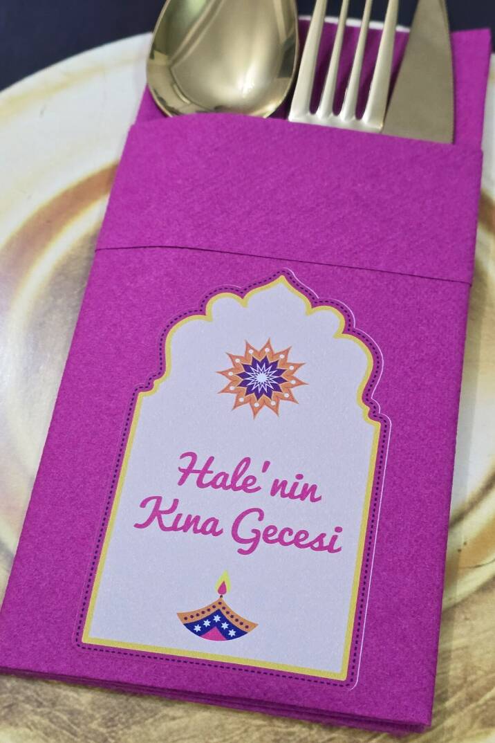 Kumaş Dokulu Cepli Fuşya Peçete Etnik Desen Kına Konsept - 2