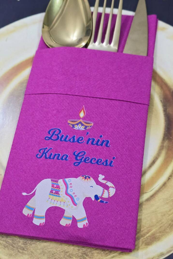 Kumaş Dokulu Cepli Fuşya Peçete Etnik Fil Kına Konsept - 1