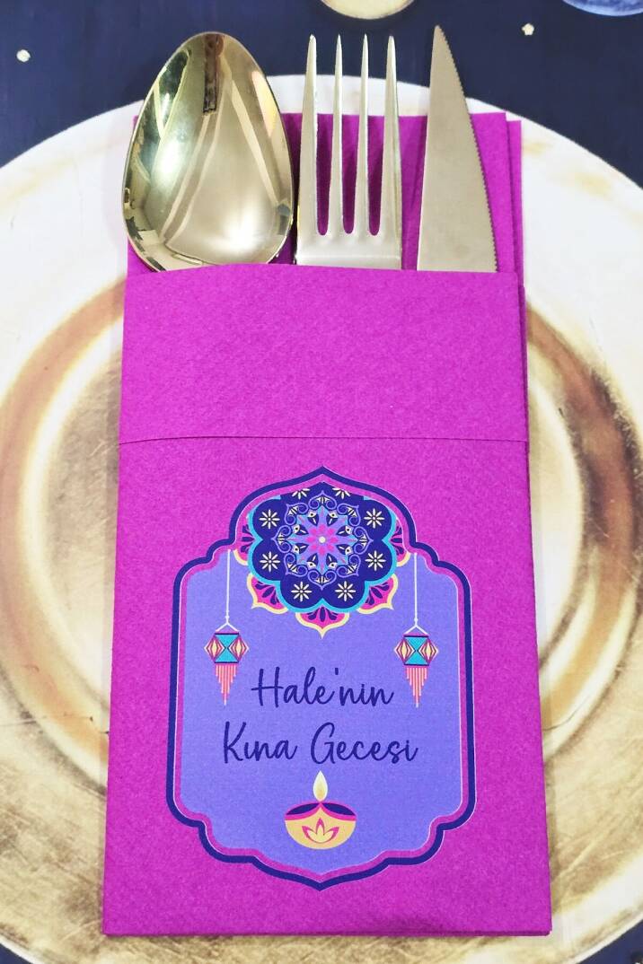 Kumaş Dokulu Cepli Fuşya Peçete Mor Hint Desenli Kına Konsept - 1