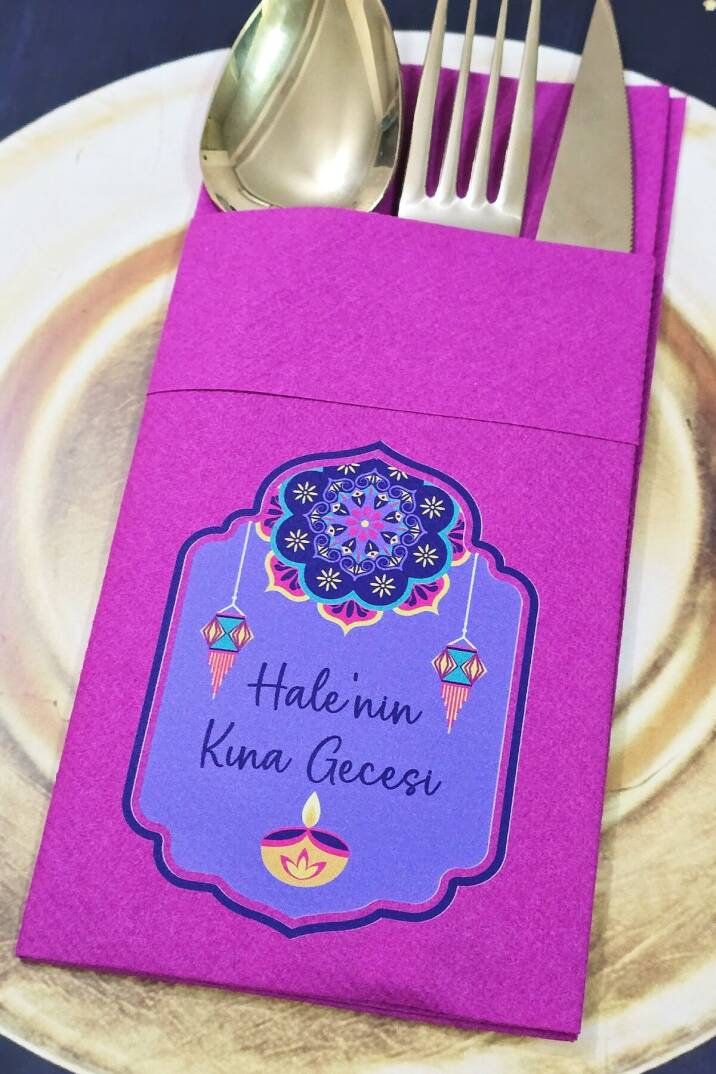 Kumaş Dokulu Cepli Fuşya Peçete Mor Hint Desenli Kına Konsept - 2