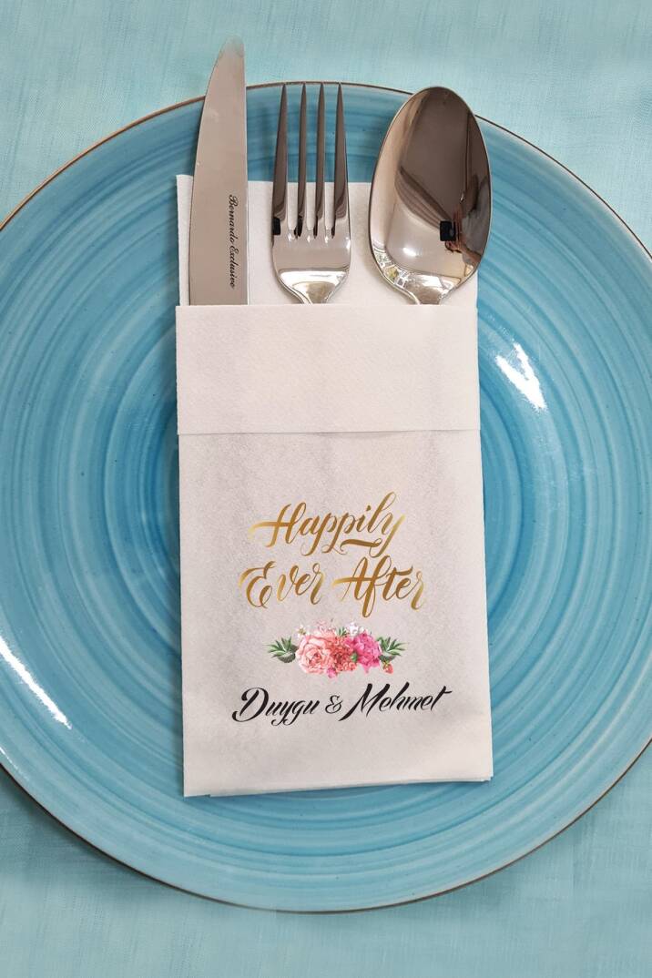 Kumaş Dokulu Cepli İsme Özel Happily Ever After Baskılı Peçete - 1