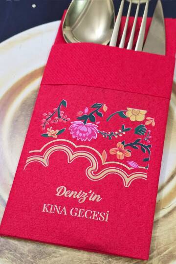 Kumaş Dokulu Cepli Kırmızı Peçete Bahar Çiçekleri Gold Konsept Kına Konsept