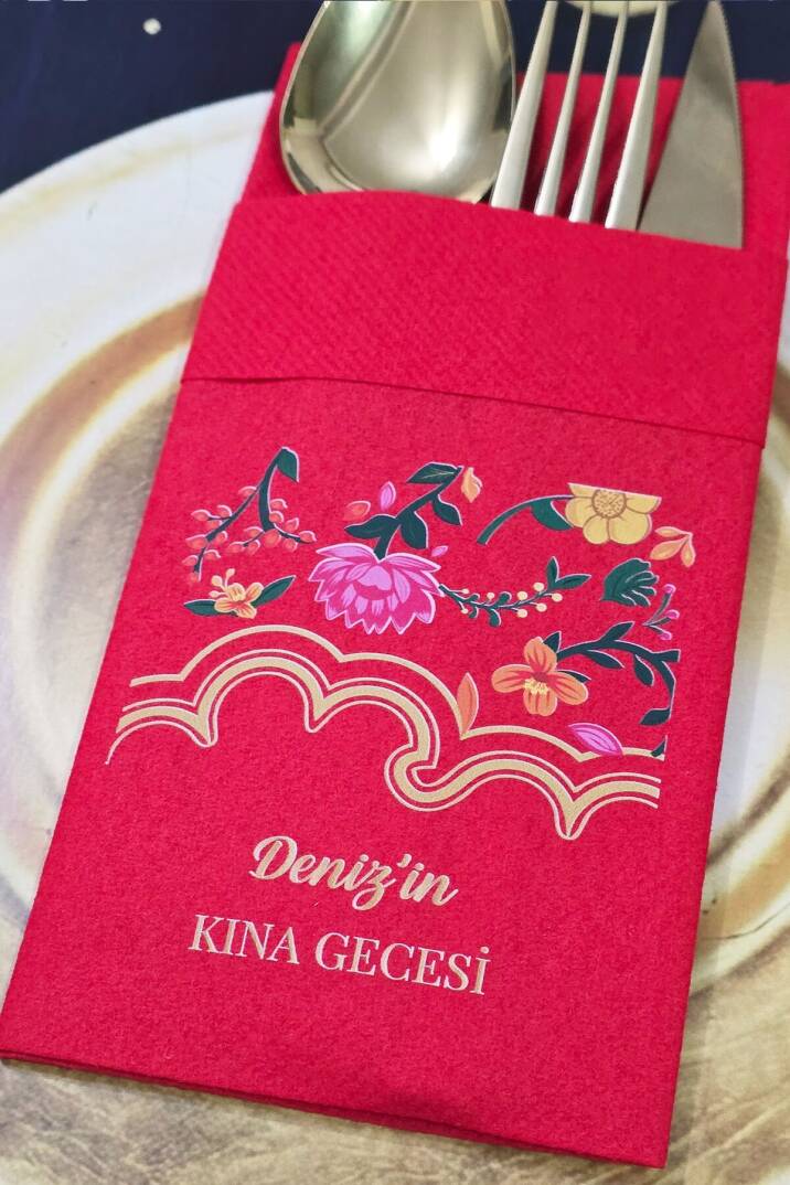 Kumaş Dokulu Cepli Kırmızı Peçete Bahar Çiçekleri Gold Konsept Kına Konsept - 1