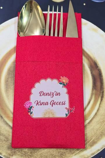 Kumaş Dokulu Cepli Kırmızı Peçete Bahar Çiçekleri Konsept Kına Konsept - 2
